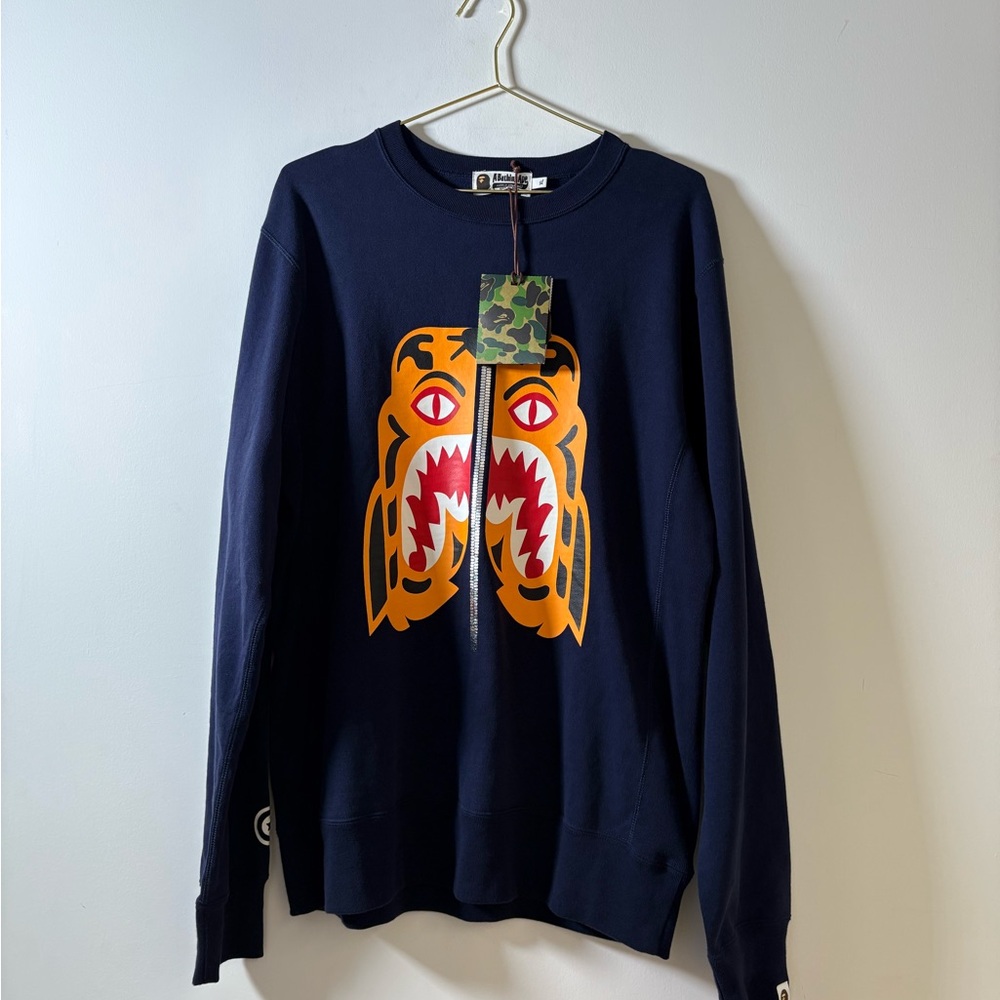 Bape Navy Blue Crewneck Sweater with Tiger Graphic